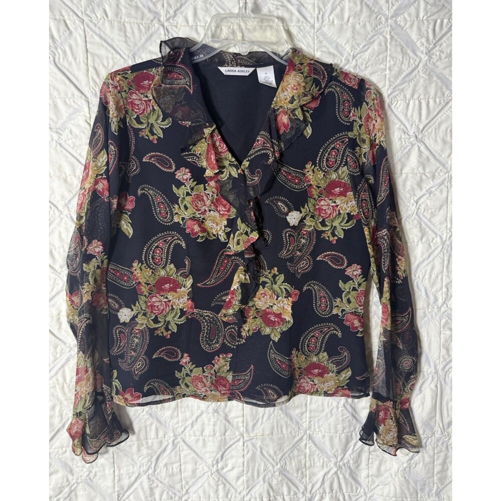 Laura Ashley Size 4 Black Silk Floral Paisley Ruffle Blouse